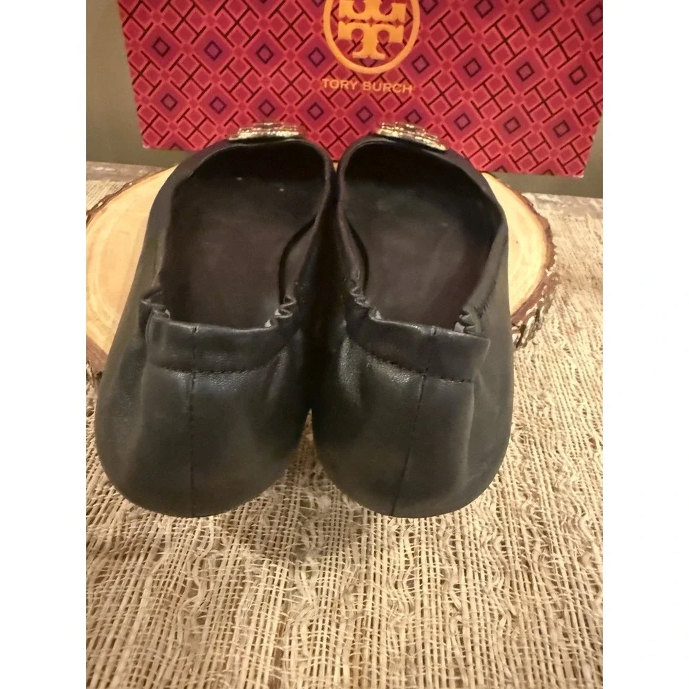 Tory Burch Minnie Travel Ballet Flats Black Leather Gold Logo Sz-10M